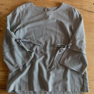 Women’s Tunic Top Black White Stripe Flounce Sleeve with Tie Round Neck Preloved